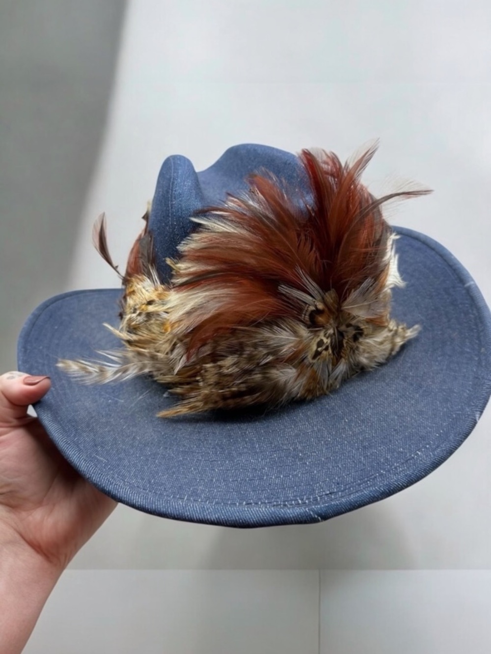 Longhorn Vintage 90s Denim Feather Embroidered Boho Western Rodeo Cowboy Hat M